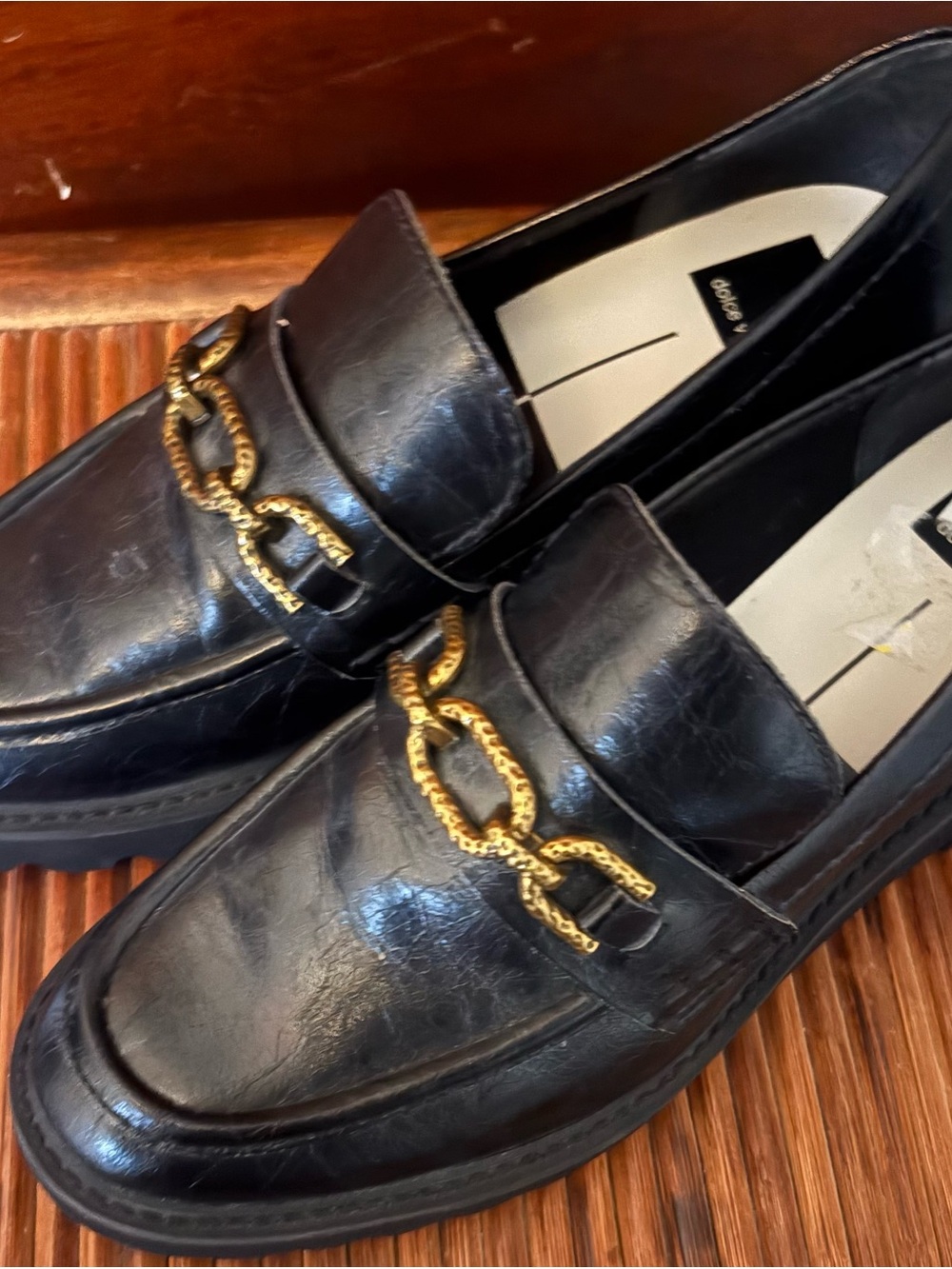 Dolce Vita Black Leather Loafers with Gold Chain Accent